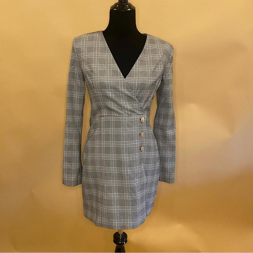 Zara Plaid Blazer Mini Dress Jeweled Buttons Long Sleeve Size S NWT - Picture 4 of 12